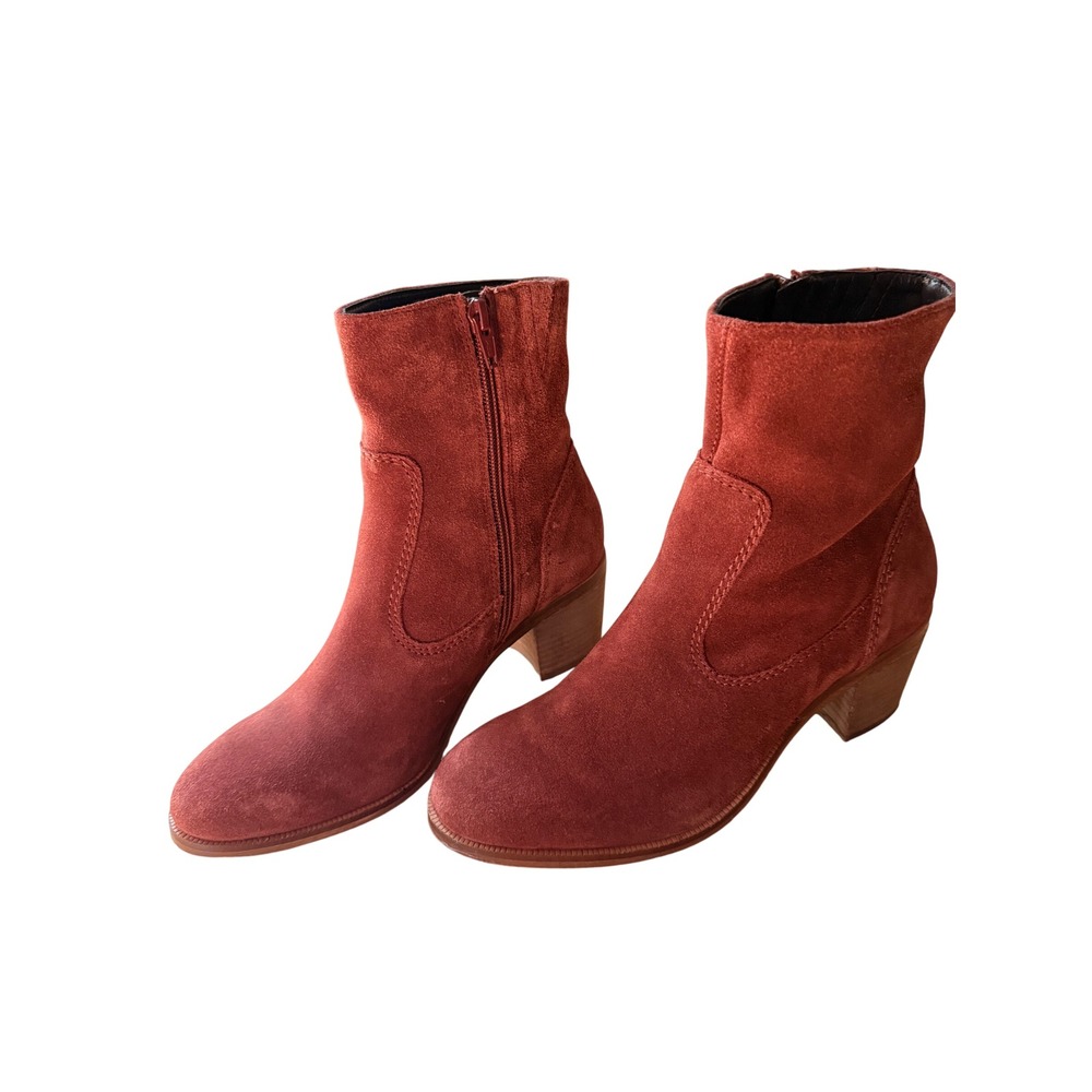 Crevo Jade Brick Red Suede Leather Ankle Boots Stacked Block Heel Womens 7.5